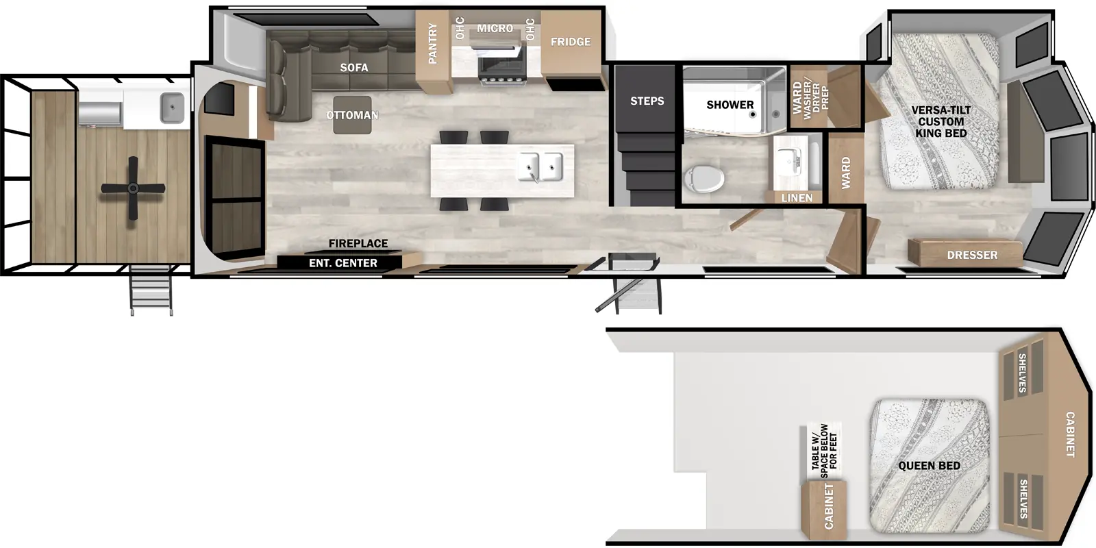 The Wildwood Lodge 42VERANDA floorplan has two entries and two slide outs. Exterior features include: fiberglass exterior, 18' & 13' awning and outside kitchen. Interiors features include: loft, kitchen island, front bedroom, two bedrooms and rear living.